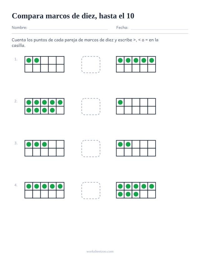 Ficha para comparar números con marcos de diez hasta el 10 y una casilla de símbolo entre cada pareja