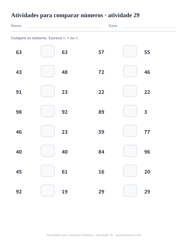 Prévia de Atividades para comparar números, atividade 29 para imprimir