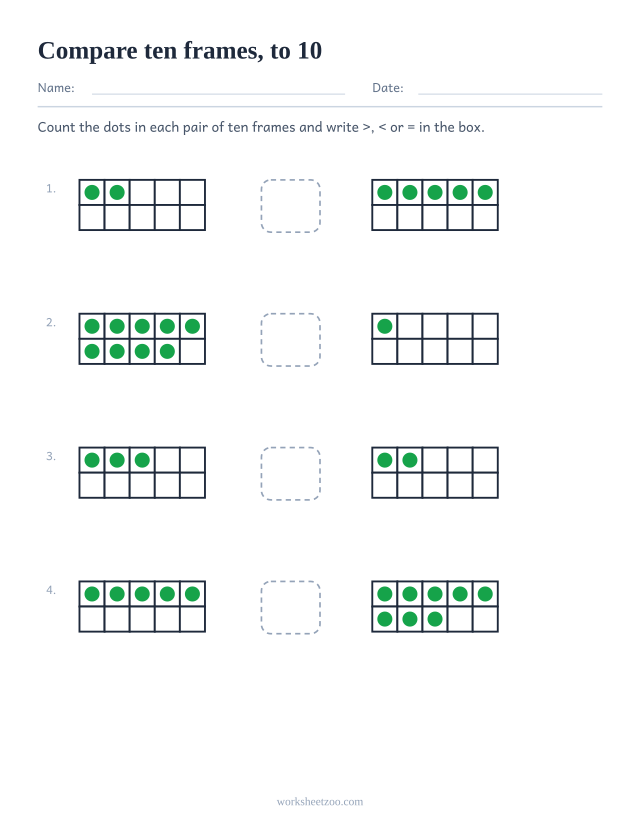 Comparing numbers worksheet using ten frames to 10 with a symbol box between each pair