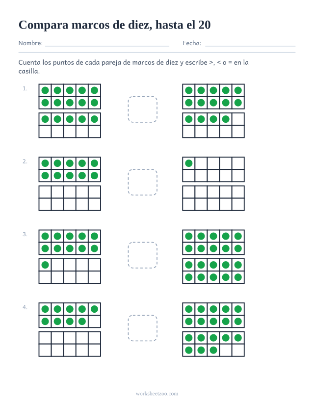 Ficha para comparar números con marcos de diez hasta el 20 y una casilla de símbolo entre cada pareja