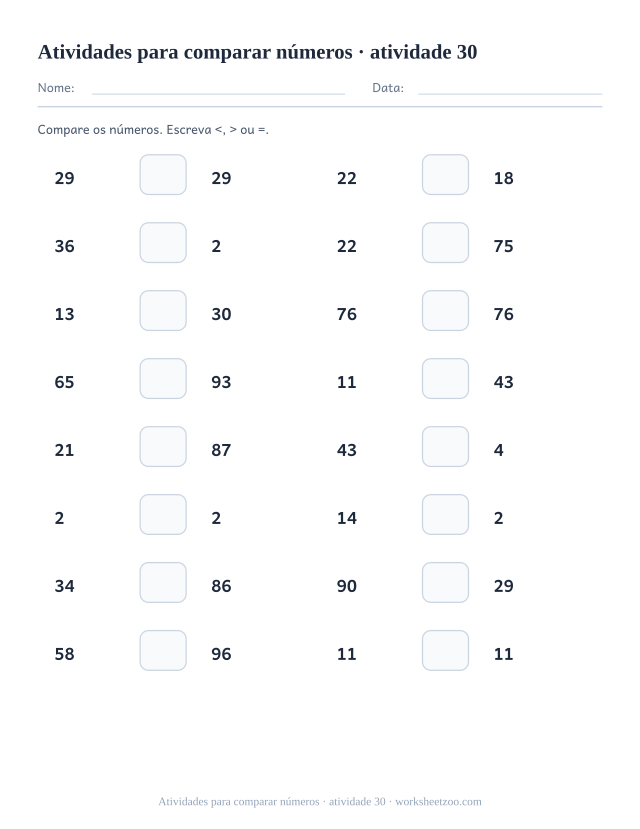 Prévia de Atividades para comparar números, atividade 30 para imprimir