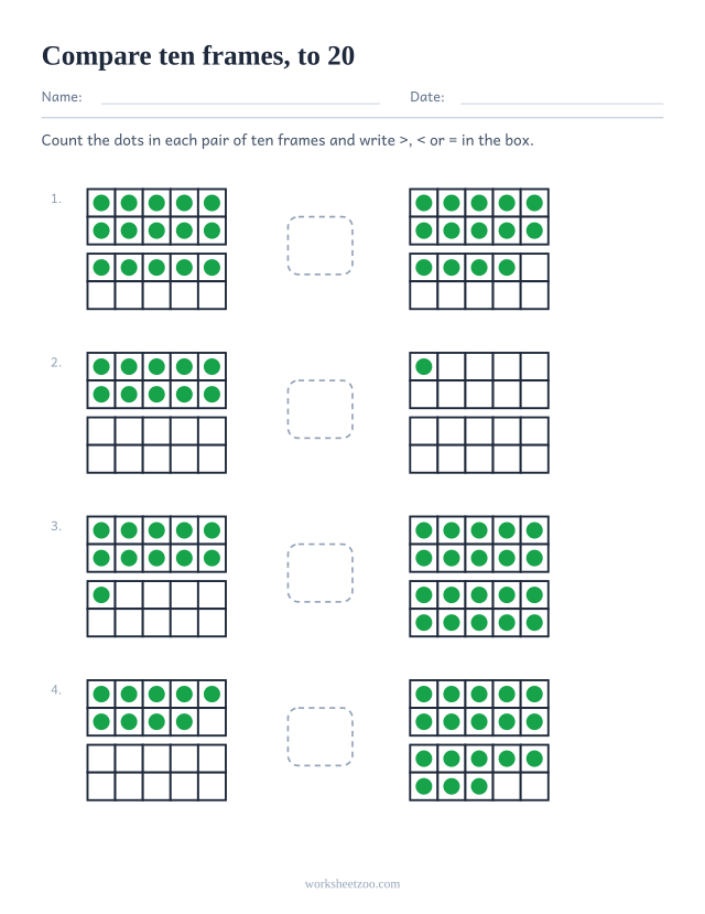 Comparing numbers worksheet using ten frames to 20 with a symbol box between each pair