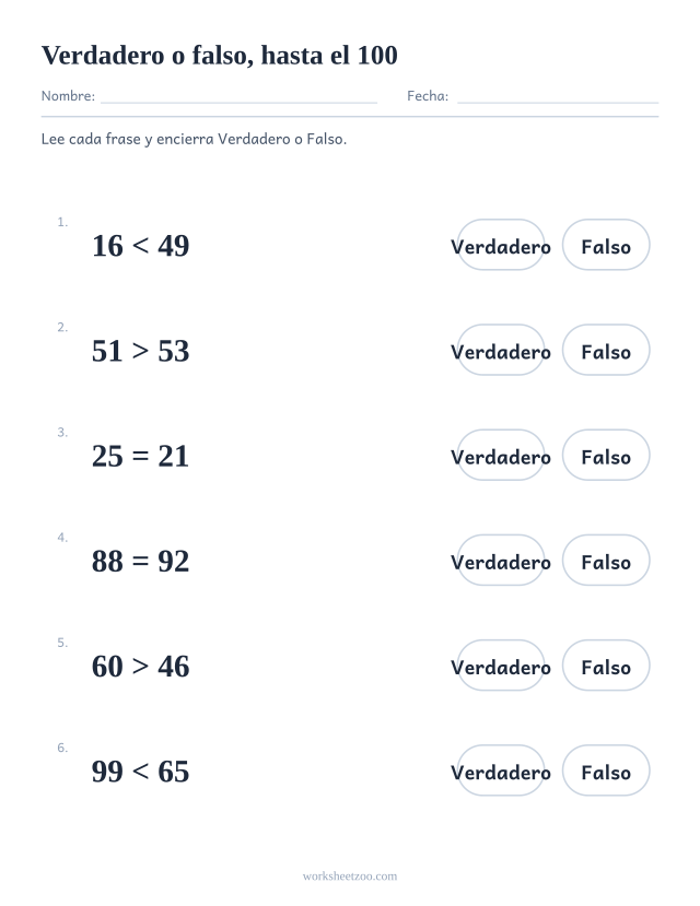 Ficha de verdadero o falso para comparar números, frases con >, < e = usando números hasta el 100