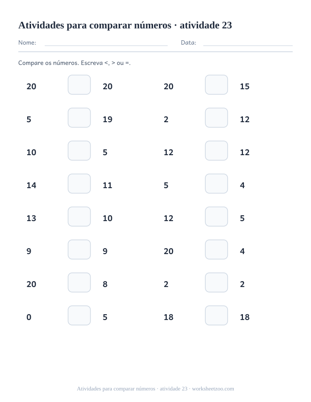 Prévia de Atividades para comparar números, atividade 23 para imprimir