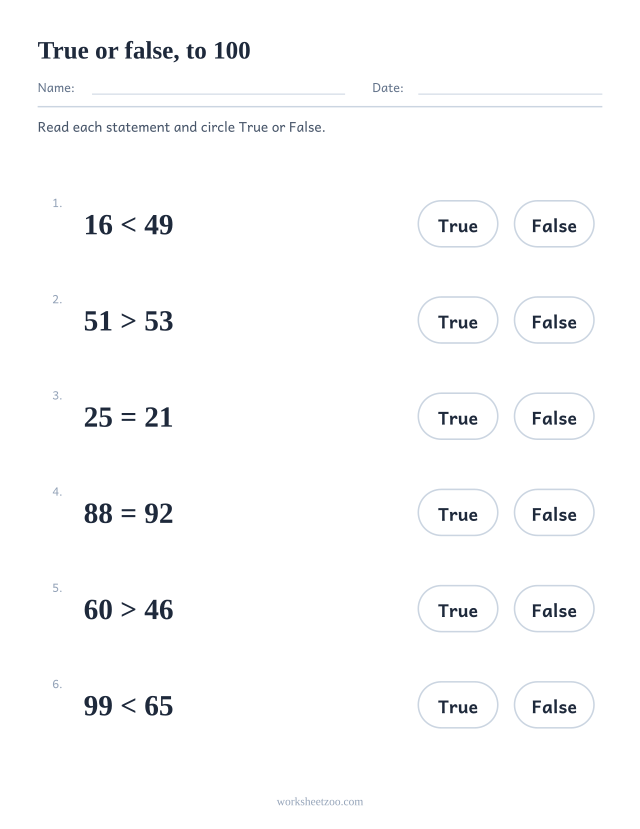 True or false comparing numbers worksheet, statements written with >, < and = using numbers to 100