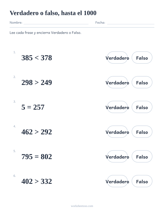 Ficha de verdadero o falso para comparar números, frases con >, < e = usando números hasta el 1000
