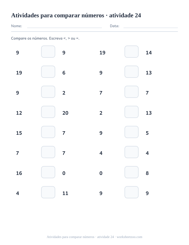 Prévia de Atividades para comparar números, atividade 24 para imprimir