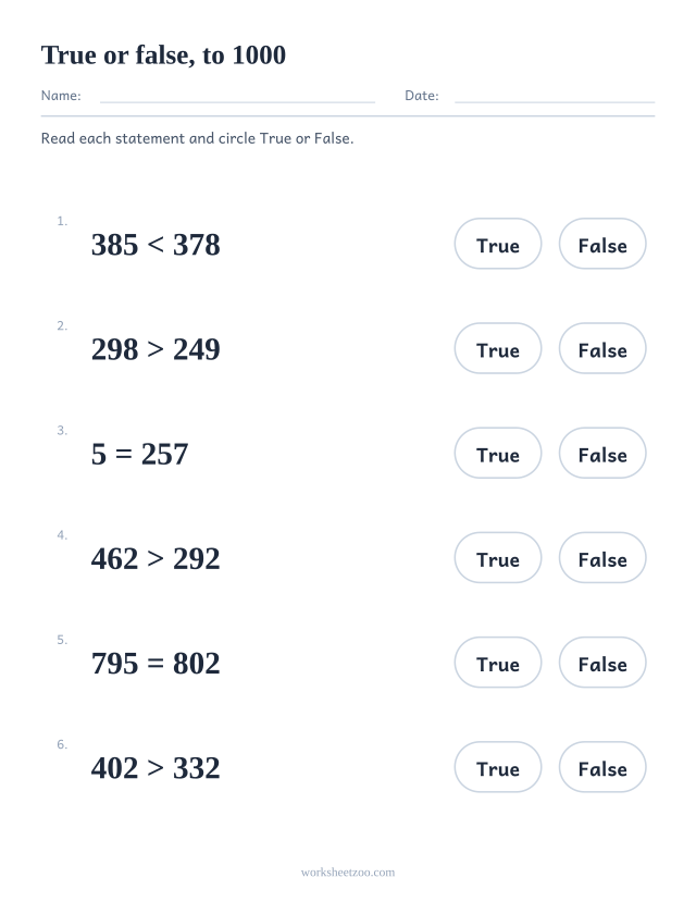 True or false comparing numbers worksheet, statements written with >, < and = using numbers to 1000