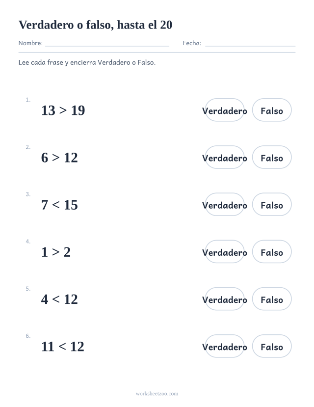 Ficha de verdadero o falso para comparar números, frases con >, < e = usando números hasta el 20