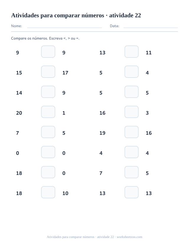 Prévia de Atividades para comparar números, atividade 22 para imprimir