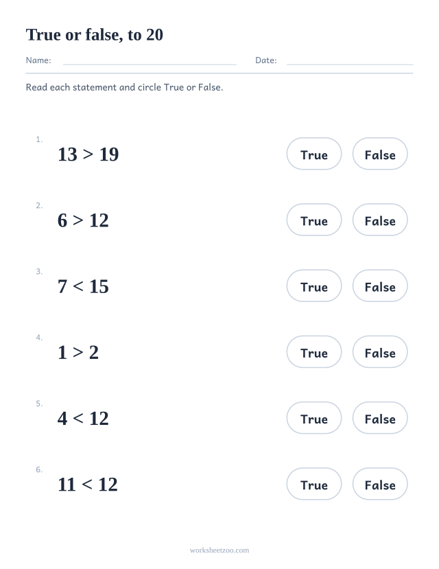 True or false comparing numbers worksheet, statements written with >, < and = using numbers to 20