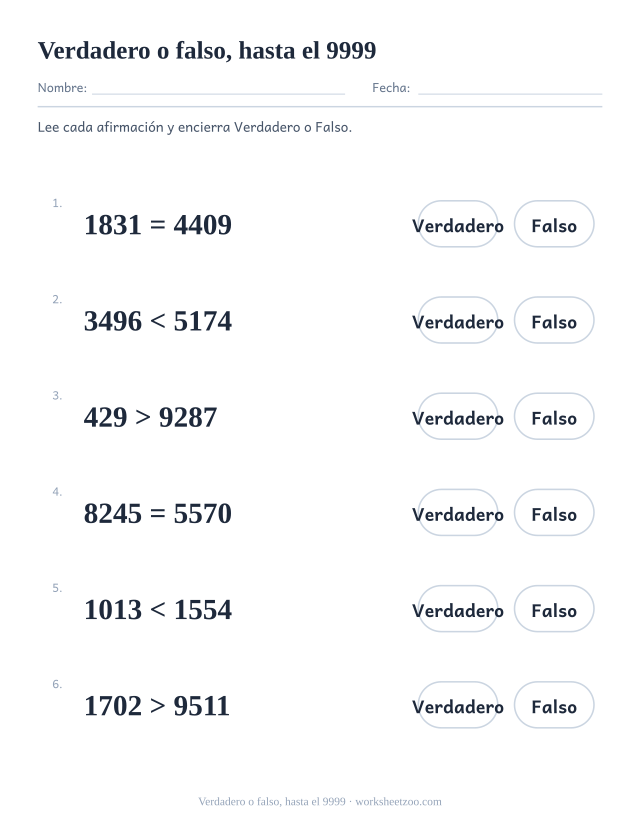 Ficha para comparar números, decide si cada comparación de cuatro cifras es verdadera o falsa