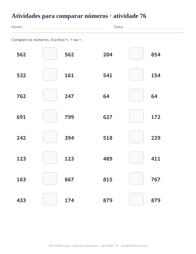 Prévia de Atividades para comparar números, atividade 76 para imprimir