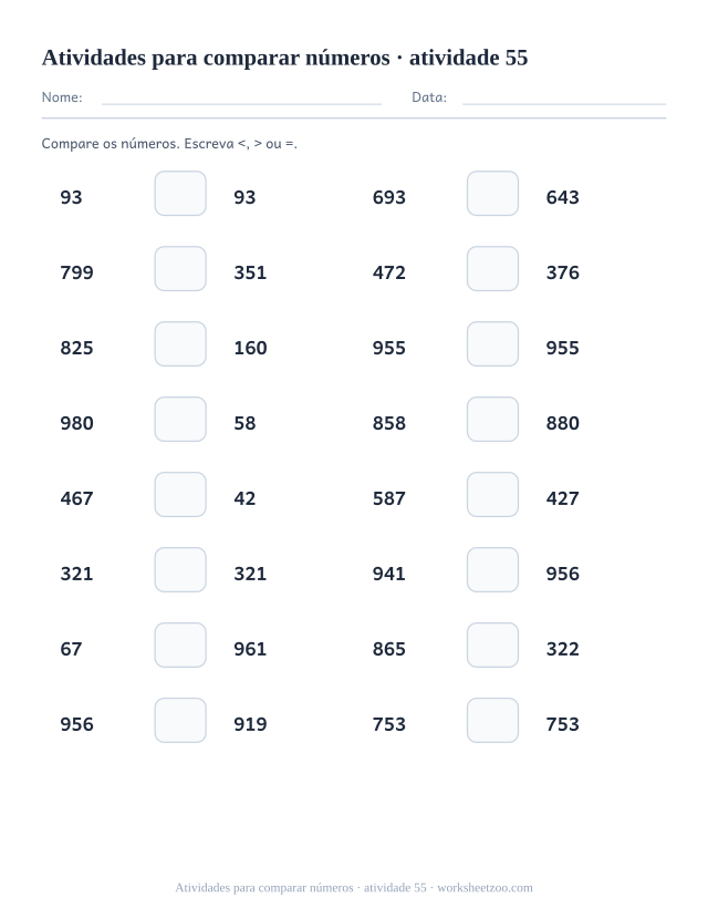 Prévia de Atividades para comparar números, atividade 55 para imprimir