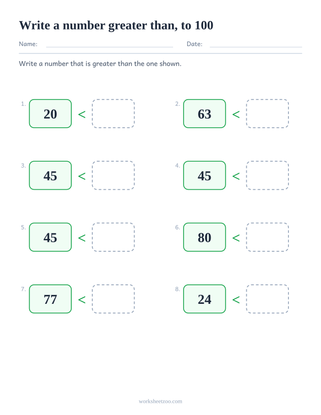 Open-ended comparing numbers worksheet, write your own number greater than the given one to 100