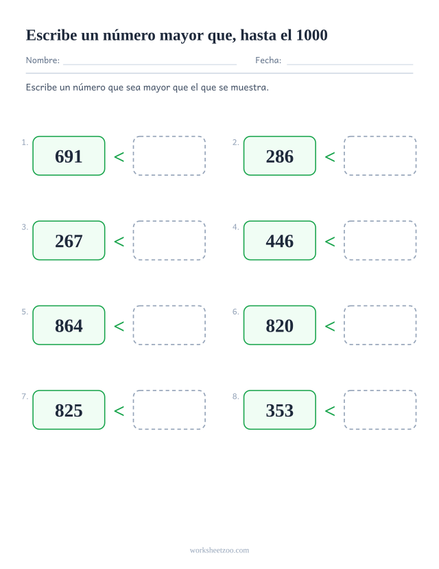 Ficha abierta para comparar números, escribe tu propio número mayor que el dado hasta el 1000