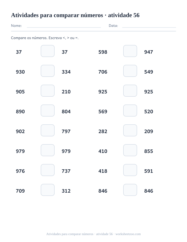 Prévia de Atividades para comparar números, atividade 56 para imprimir
