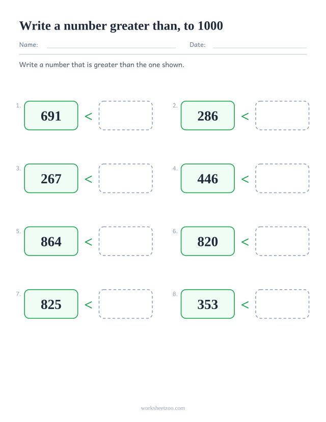 Open-ended comparing numbers worksheet, write your own number greater than the given one to 1000
