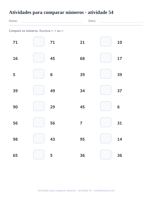 Prévia de Atividades para comparar números, atividade 54 para imprimir