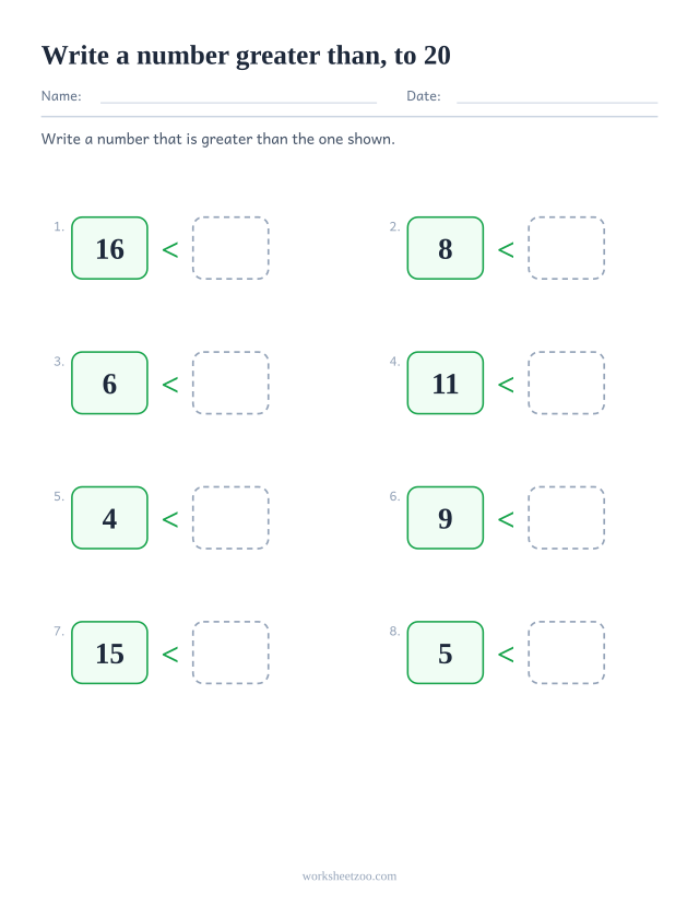 Open-ended comparing numbers worksheet, write your own number greater than the given one to 20