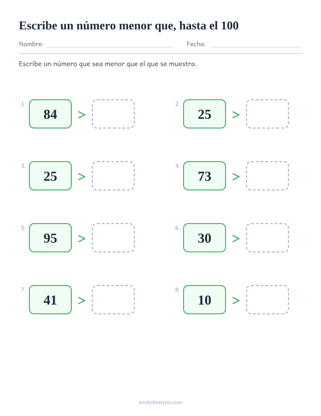 Ficha abierta para comparar números, escribe tu propio número menor que el dado hasta el 100