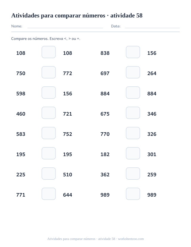 Prévia de Atividades para comparar números, atividade 58 para imprimir
