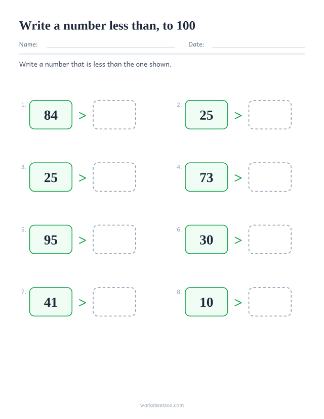 Open-ended comparing numbers worksheet, write your own number less than the given one to 100
