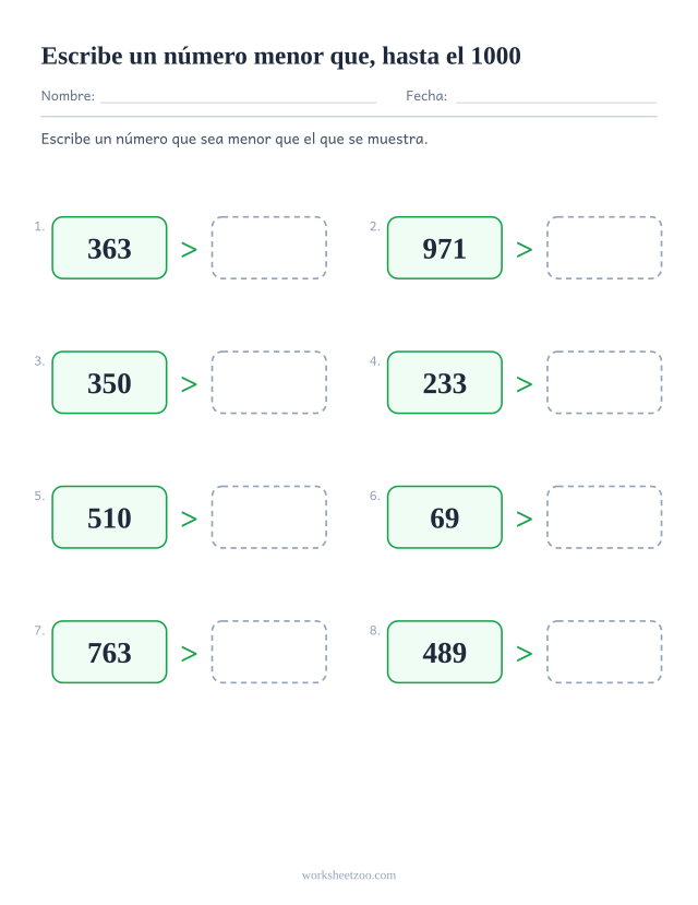 Ficha abierta para comparar números, escribe tu propio número menor que el dado hasta el 1000