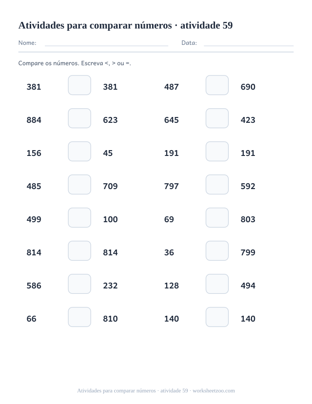 Prévia de Atividades para comparar números, atividade 59 para imprimir