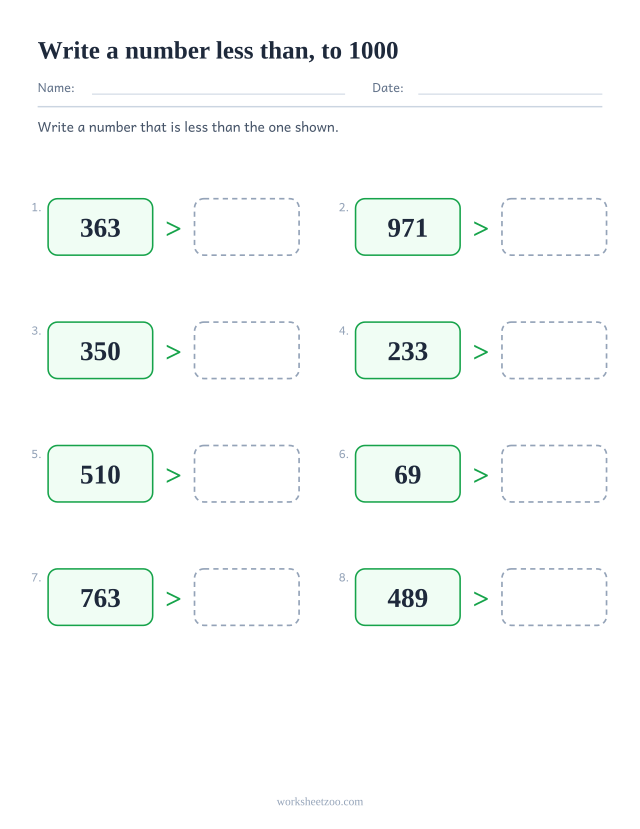 Open-ended comparing numbers worksheet, write your own number less than the given one to 1000