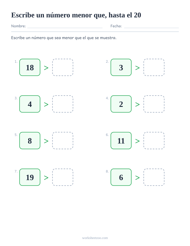 Ficha abierta para comparar números, escribe tu propio número menor que el dado hasta el 20