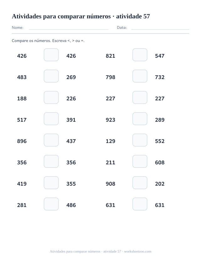 Prévia de Atividades para comparar números, atividade 57 para imprimir