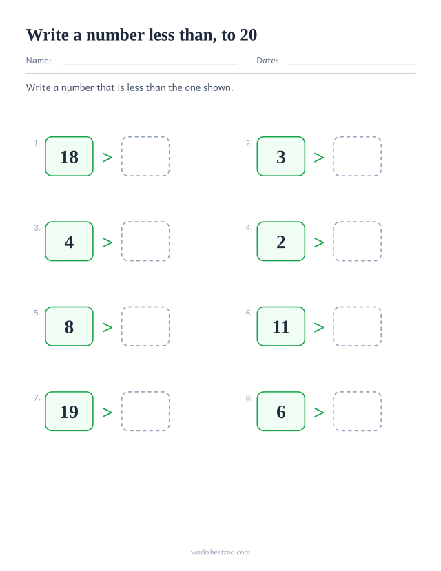 Open-ended comparing numbers worksheet, write your own number less than the given one to 20