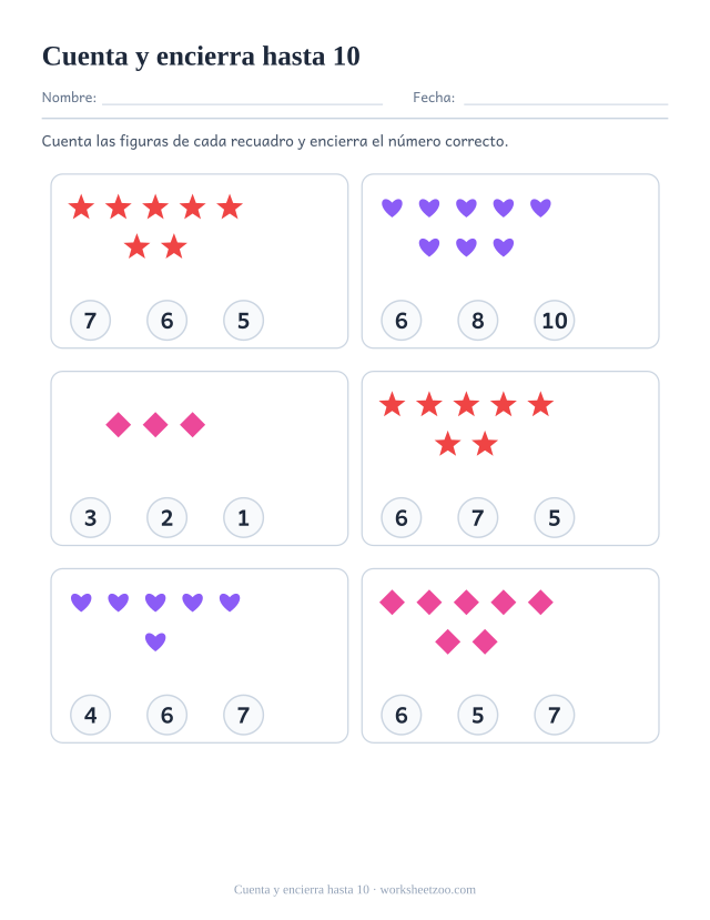 Ficha para contar, cuenta los estrellas, corazones y rombos y encierra el número correcto de entre tres, hasta 10
