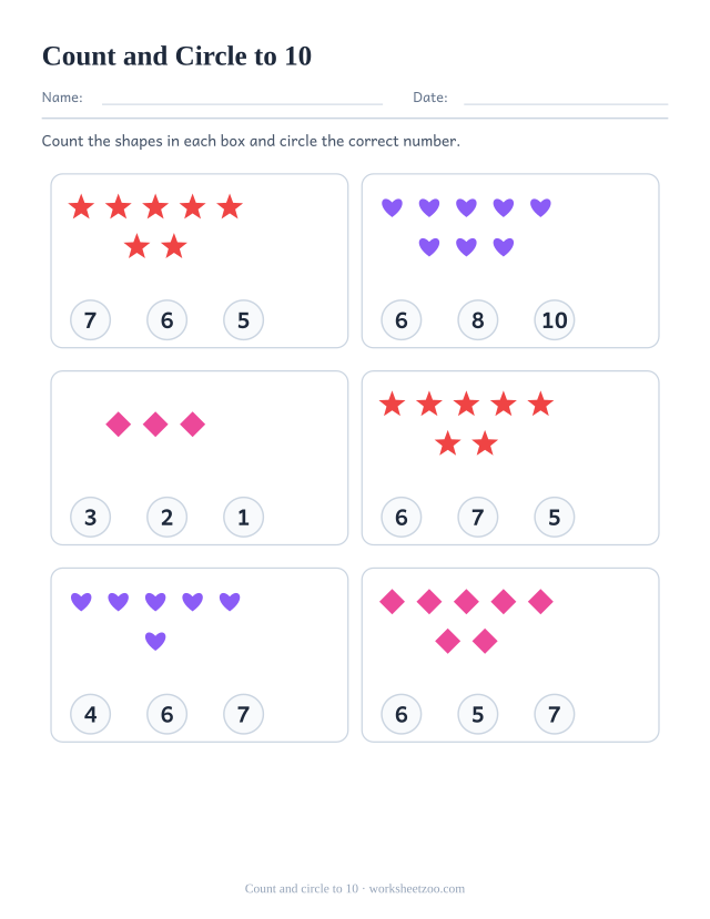 Counting worksheet, count the stars, hearts and diamonds and circle the correct number out of three, up to 10