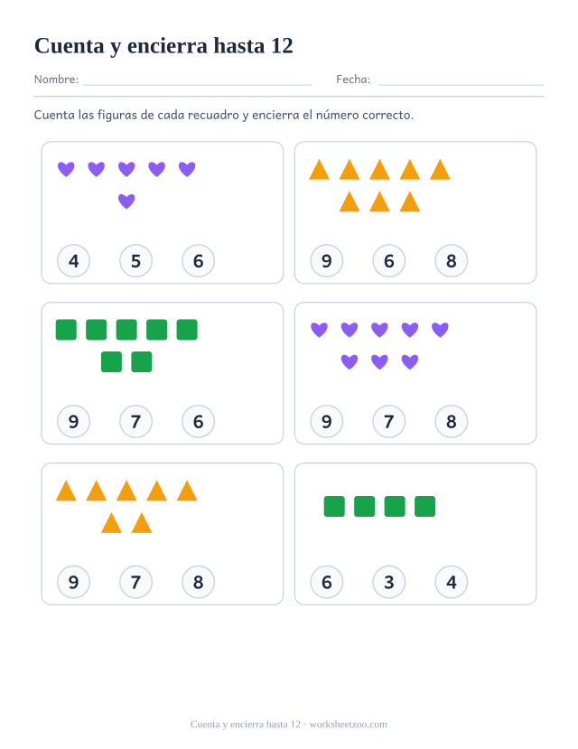 Ficha para contar, cuenta los corazones, triángulos y cuadrados y encierra el número correcto de entre tres, hasta 12
