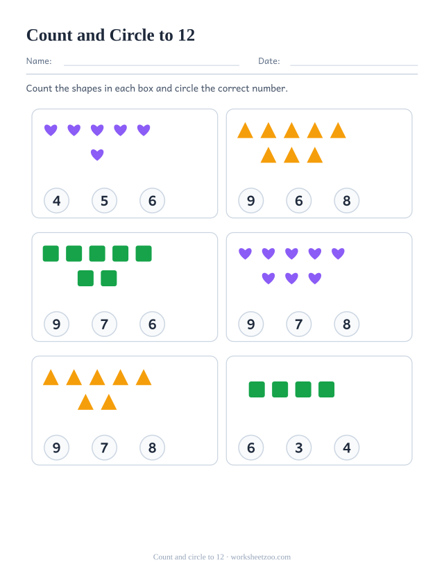 Counting worksheet, count the hearts, triangles and squares and circle the correct number out of three, up to 12