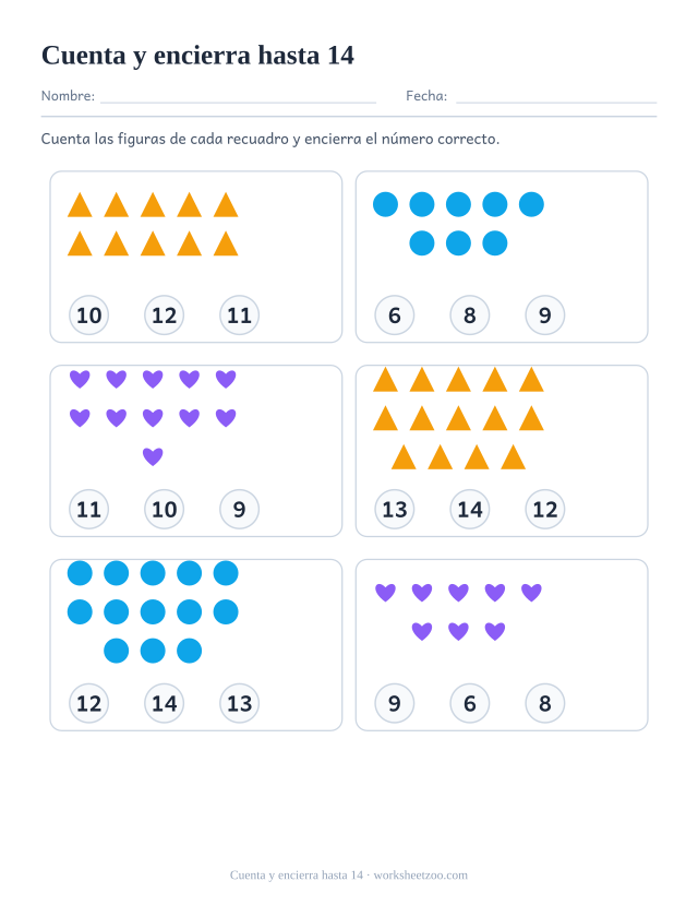 Ficha para contar, cuenta los triángulos, círculos y corazones y encierra el número correcto entre tres opciones, hasta 14