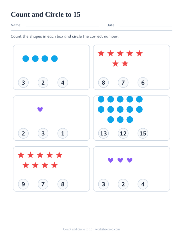 Counting worksheet, count the circles, stars and hearts and circle the correct number out of three, up to 15