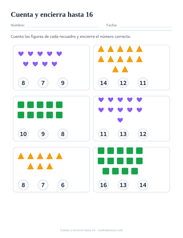 Ficha para contar, cuenta los corazones, triángulos y cuadrados y encierra el número correcto entre tres opciones, hasta 16