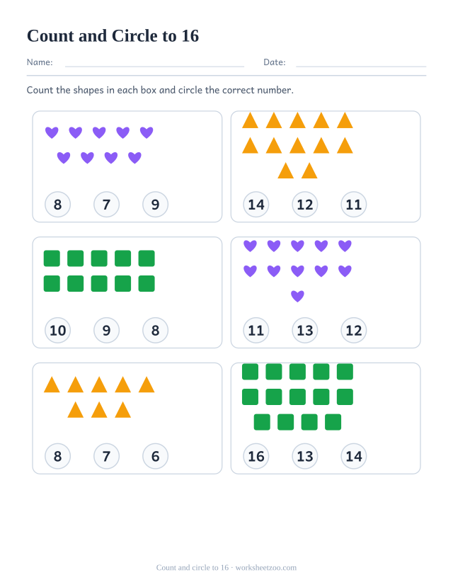 Counting worksheet, count the hearts, triangles and squares and circle the correct number out of three choices, up to 16