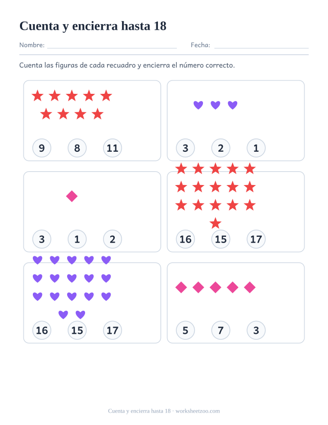 Ficha para contar, cuenta los estrellas, corazones y rombos y encierra el número correcto de entre tres, hasta 18