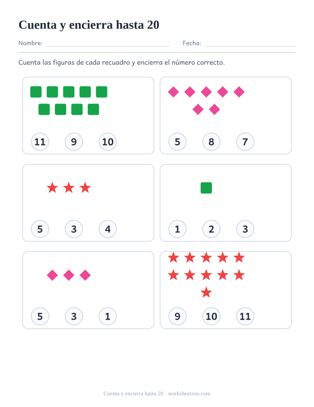 Ficha para contar, cuenta los cuadrados, rombos y estrellas y encierra el número correcto de entre tres, hasta 20