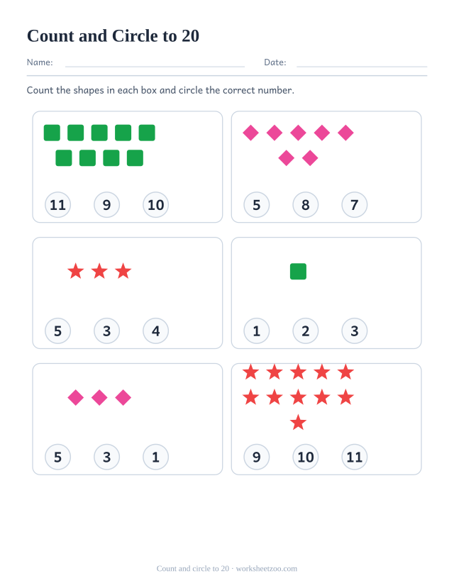 Counting worksheet, count the squares, diamonds and stars and circle the correct number out of three, up to 20