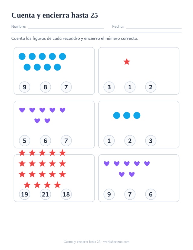 Ficha para contar, cuenta los círculos, estrellas y corazones y encierra el número correcto de entre tres, hasta 25