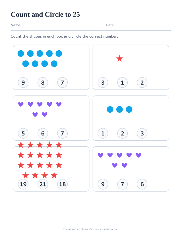 Counting worksheet, count the circles, stars and hearts and circle the correct number out of three, up to 25
