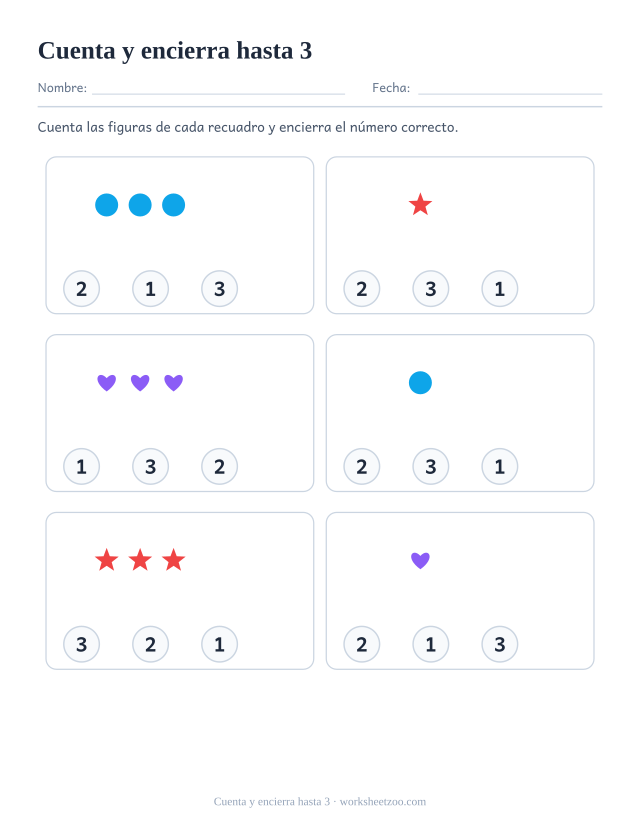 Ficha para contar, cuenta los círculos, estrellas y corazones y encierra el número correcto entre tres opciones, hasta 3