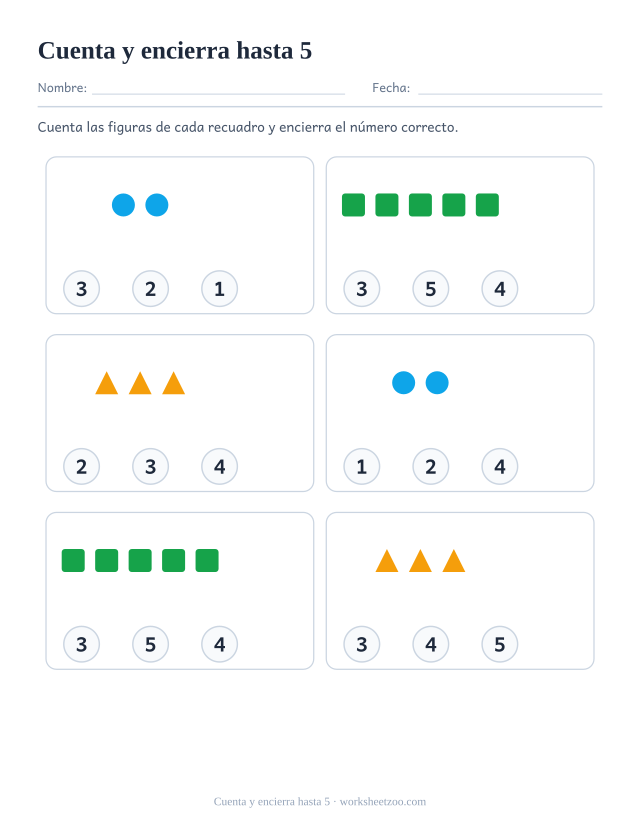 Ficha para contar, cuenta los círculos, cuadrados y triángulos y encierra el número correcto de entre tres, hasta 5