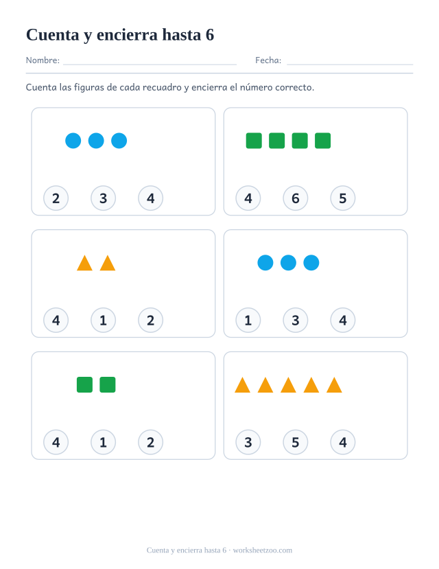 Ficha para contar, cuenta los círculos, cuadrados y triángulos y encierra el número correcto de entre tres, hasta 6