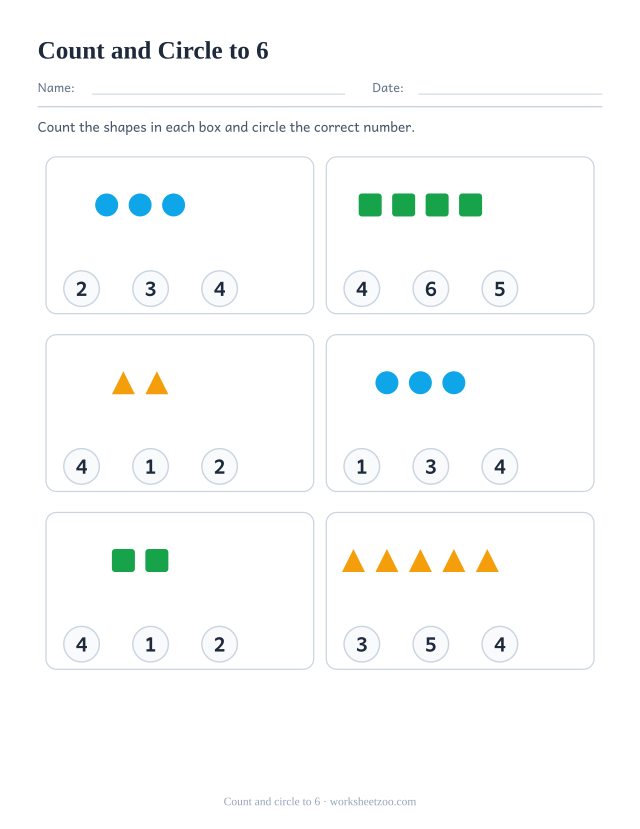 Counting worksheet, count the circles, squares and triangles and circle the correct number out of three, up to 6